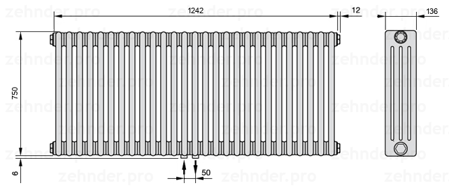 Схема (чертеж) Радиатор Zehnder Charleston 4075/27 №3470 Белый глянцевый RAL 9016